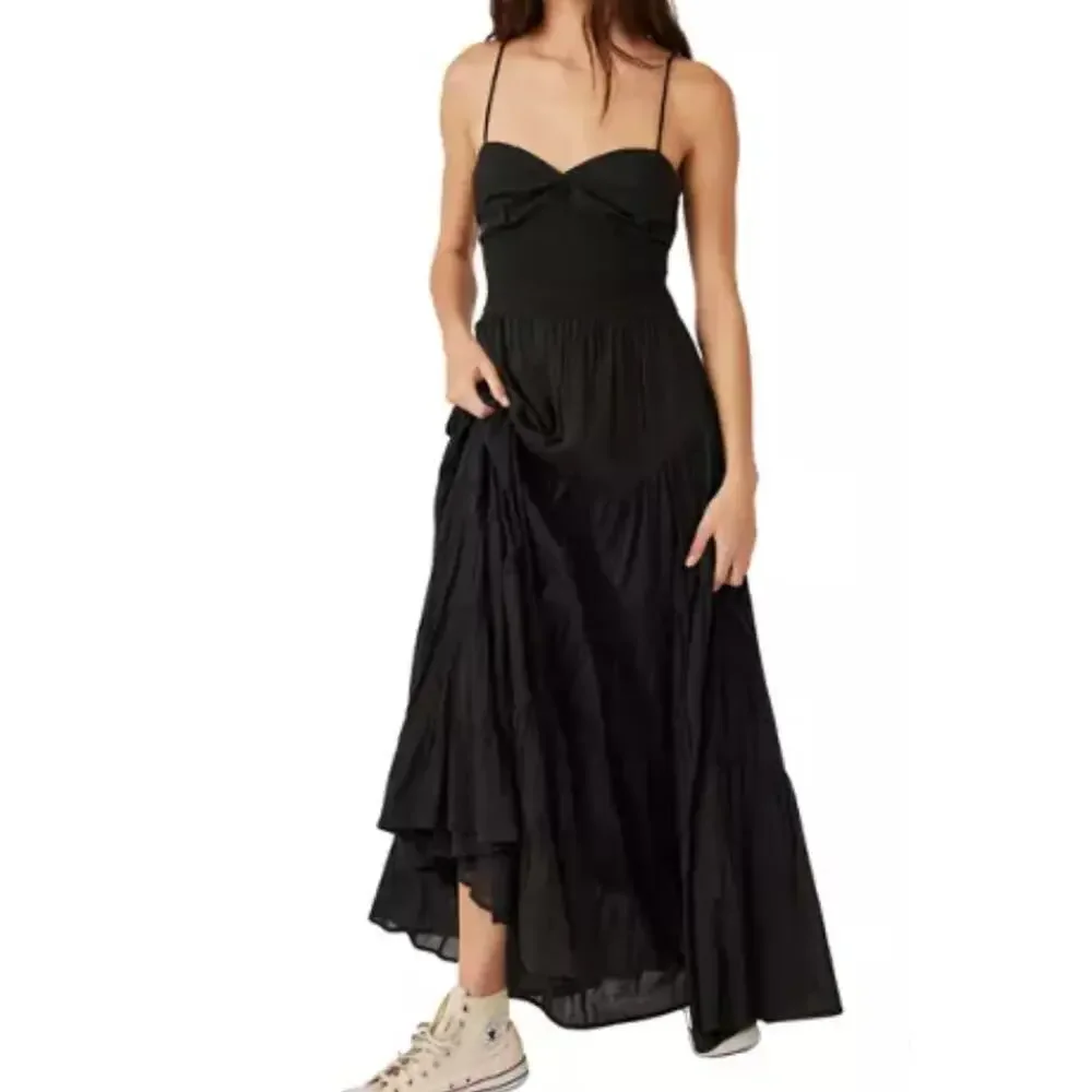 Free People Sundrenched Solid Maxi Dress Tiered Sleeveless Black Smocked XS